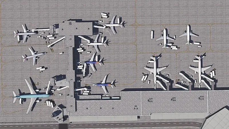 공항 계류장을 위에서 본 모습. 터미널 부두마다 여객기가 붙어 있고, 오른쪽 게이트에는 한 대에 두 개씩 통로가 연결되어 있다.