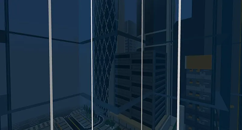 건물 안에서 유리창 너머로 내다본 저녁 풍경. 창틀의 흰 선이 화면을 세로로 나누고, 그 너머로 마름모 무늬 외벽의 고층 건물과 아래쪽 거리가 보인다.