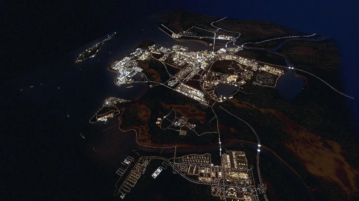 동쪽 세 섬을 묶은 삼도. 밤이 되자 산 사이로 불빛이 돋는다.