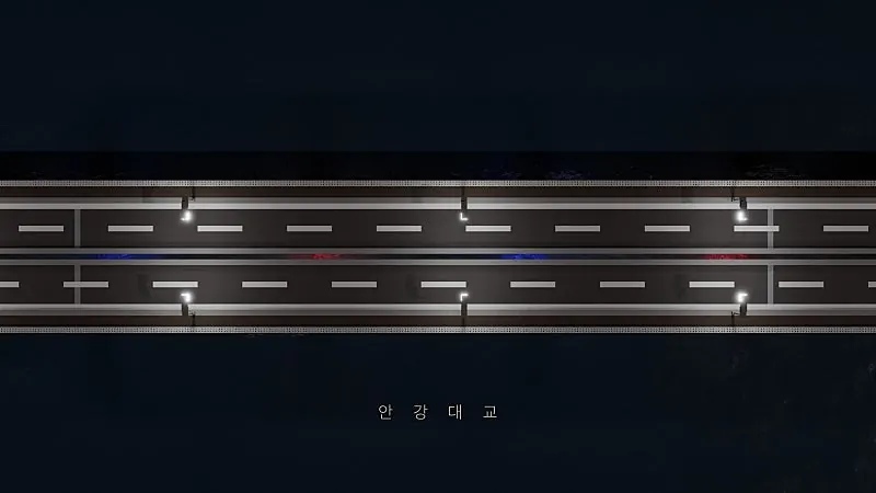 블렌더로 렌더링한 아리울 도심. 남강을 가로지르는 다리와 야간 조명이 들어온 시가지가 보인다.