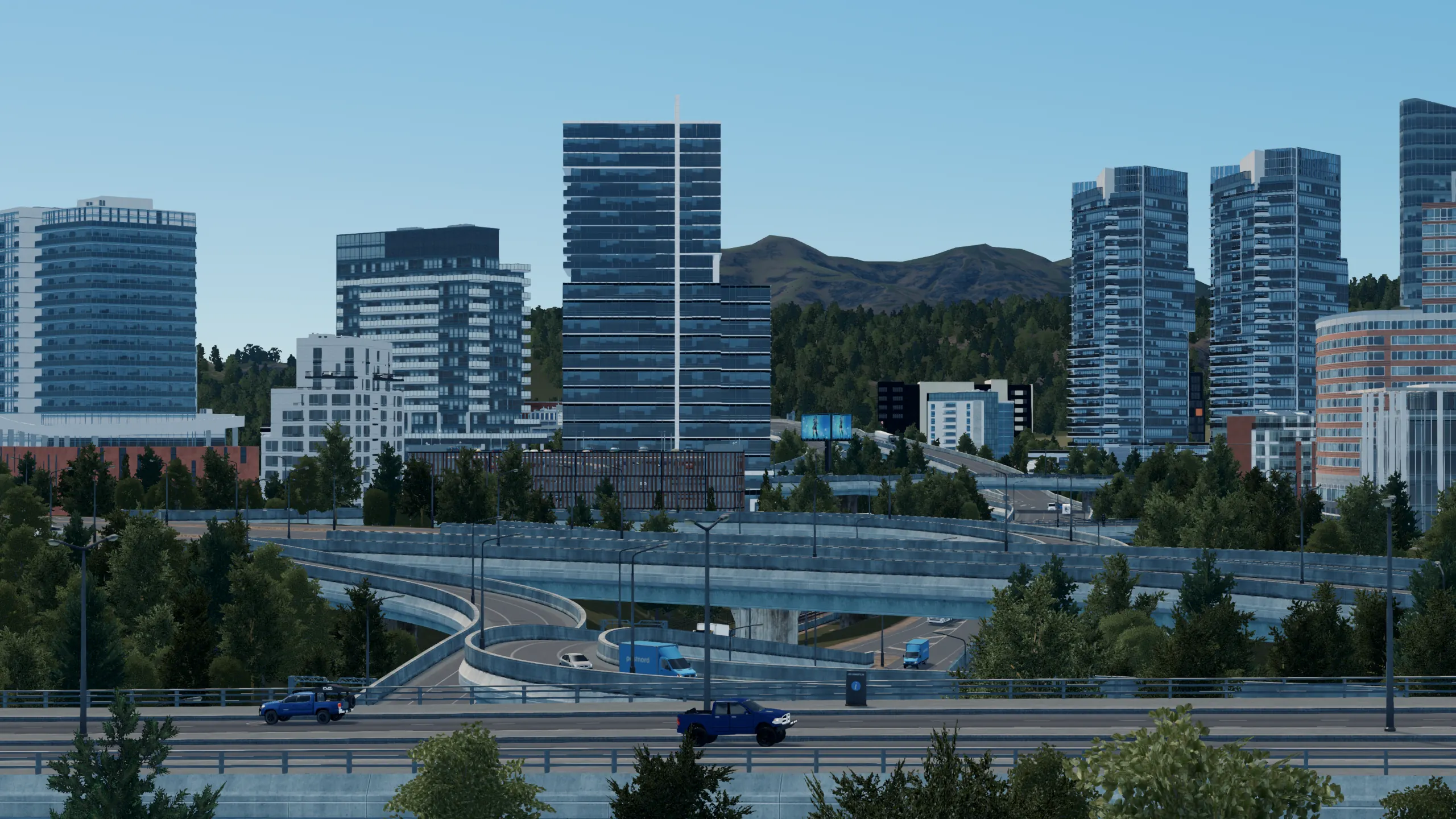 시티즈 스카이라인 도시의 한 컷. 도심과 도로가 스크린샷으로 남았다.