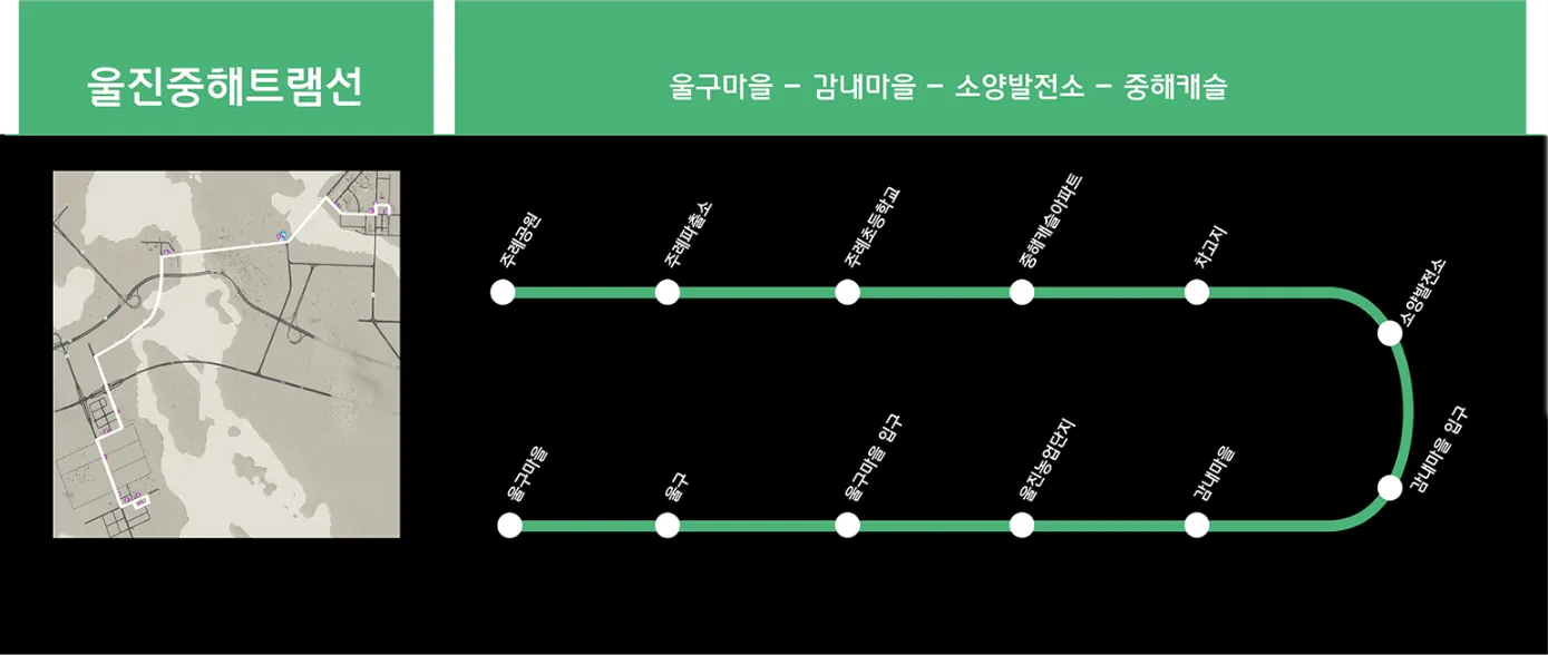 중해구를 지나는 트램 노선의 노선표. 정거장 이름이 순서대로 정리되어 있다.
