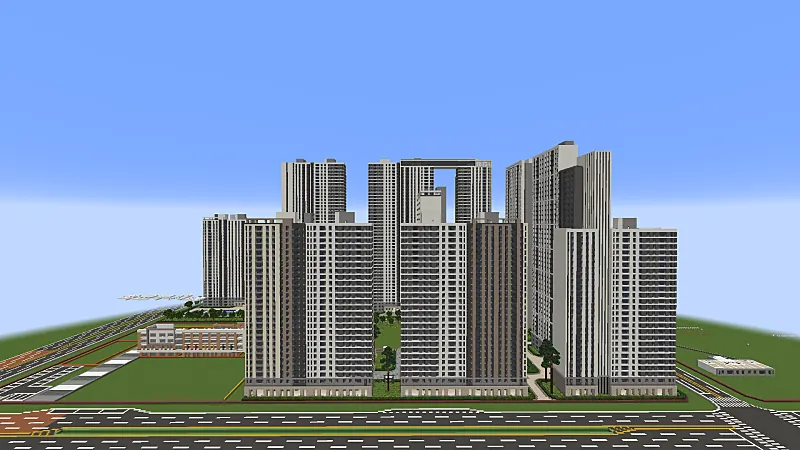 최고 47층 8개동 1,677세대로 계획된 대단지. 여러 동의 타워가 정원과 놀이터를 감싸고 있다.